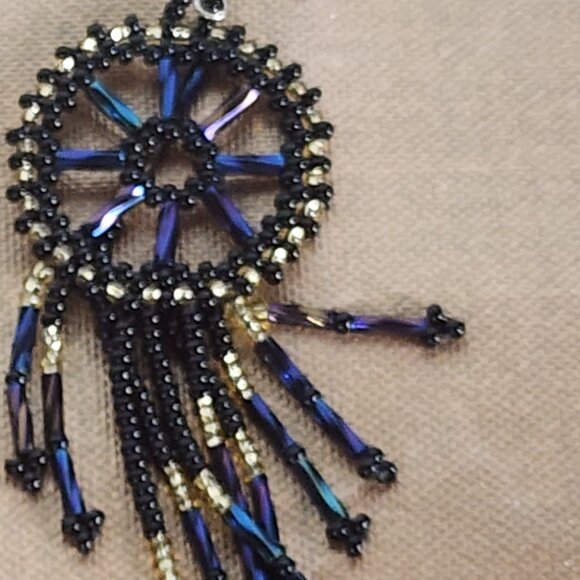 Handmade Beaded Chandelier Shepard's Hook Earrings Black Iridescent and Gold 4" - Picture 7 of 16